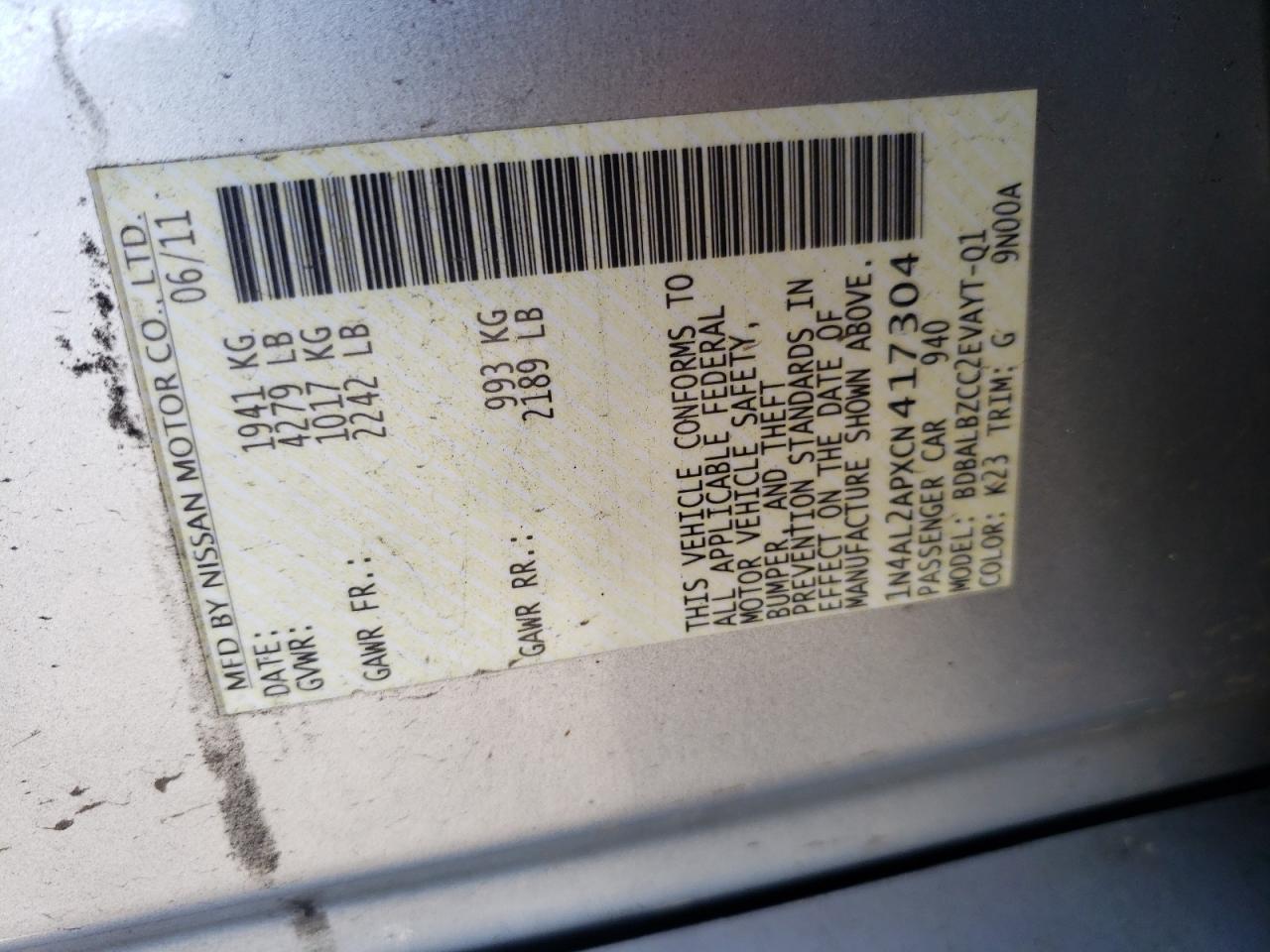 Photo 10 from auction – 2012 NISSAN ALTIMA BAS with VIN 1N4AL2APXCN417304