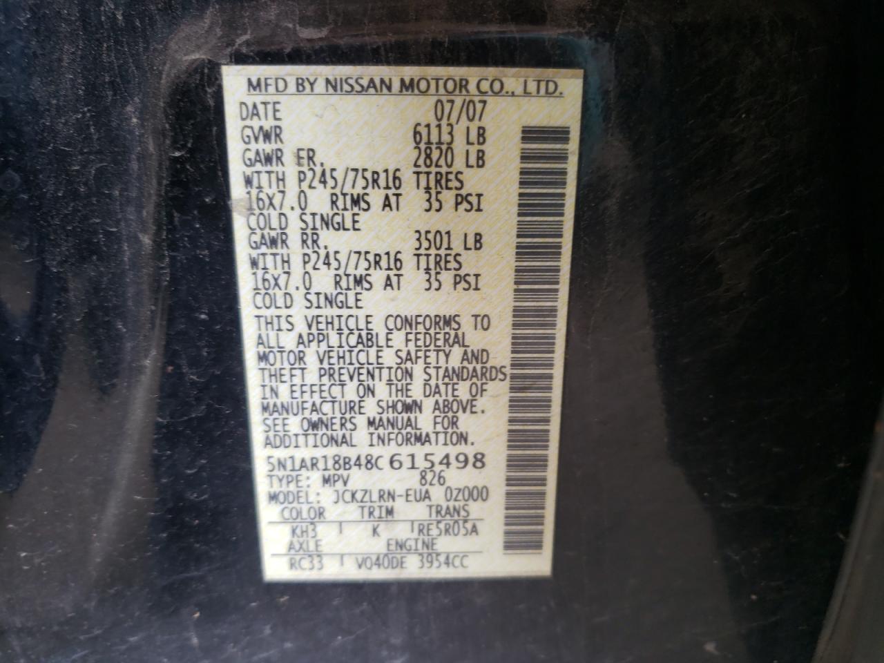 Photo 10 from auction – 2008 NISSAN PATHFINDER with VIN 5N1AR18B48C615498