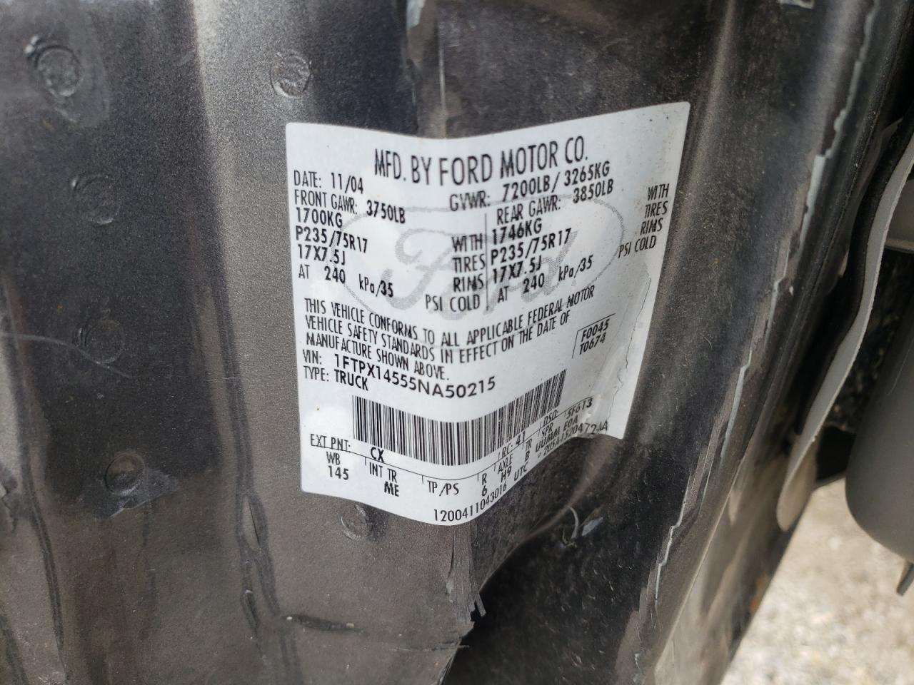 Photo 10 from auction – 2005 FORD F150 with VIN 1FTPX14555NA50215