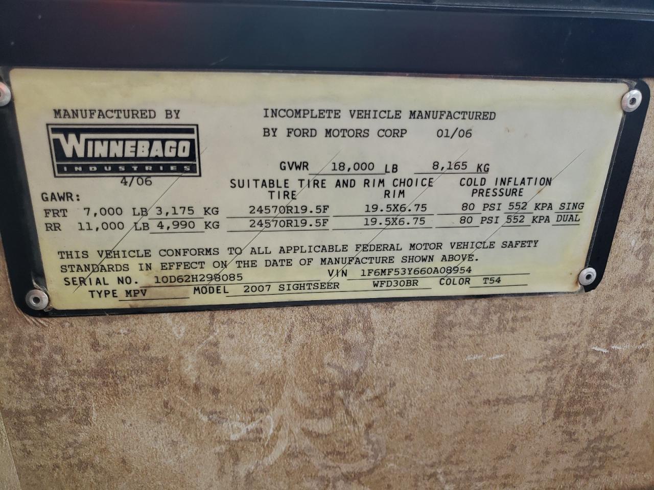 Photo 10 from auction – 2006 FORD MOTORHOME with VIN 1F6MF53Y660A08954