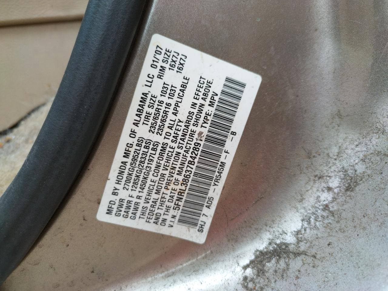 Photo 10 from auction – 2007 HONDA ODYSSEY EX with VIN 5FNRL38637B428911