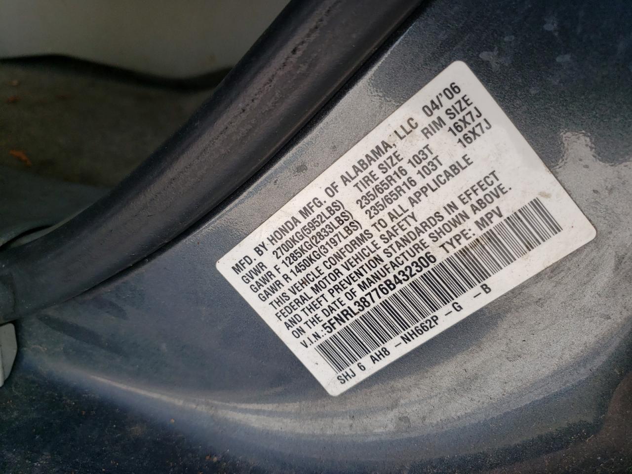 Photo 10 from auction – 2006 HONDA ODYSSEY EX with VIN 5FNRL38776B432306