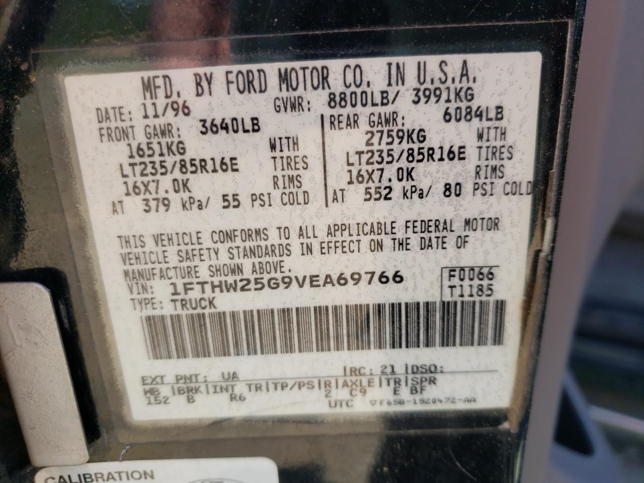 Photo 10 from auction – 1997 FORD F250 with VIN 1FTHW25G9VEA69766