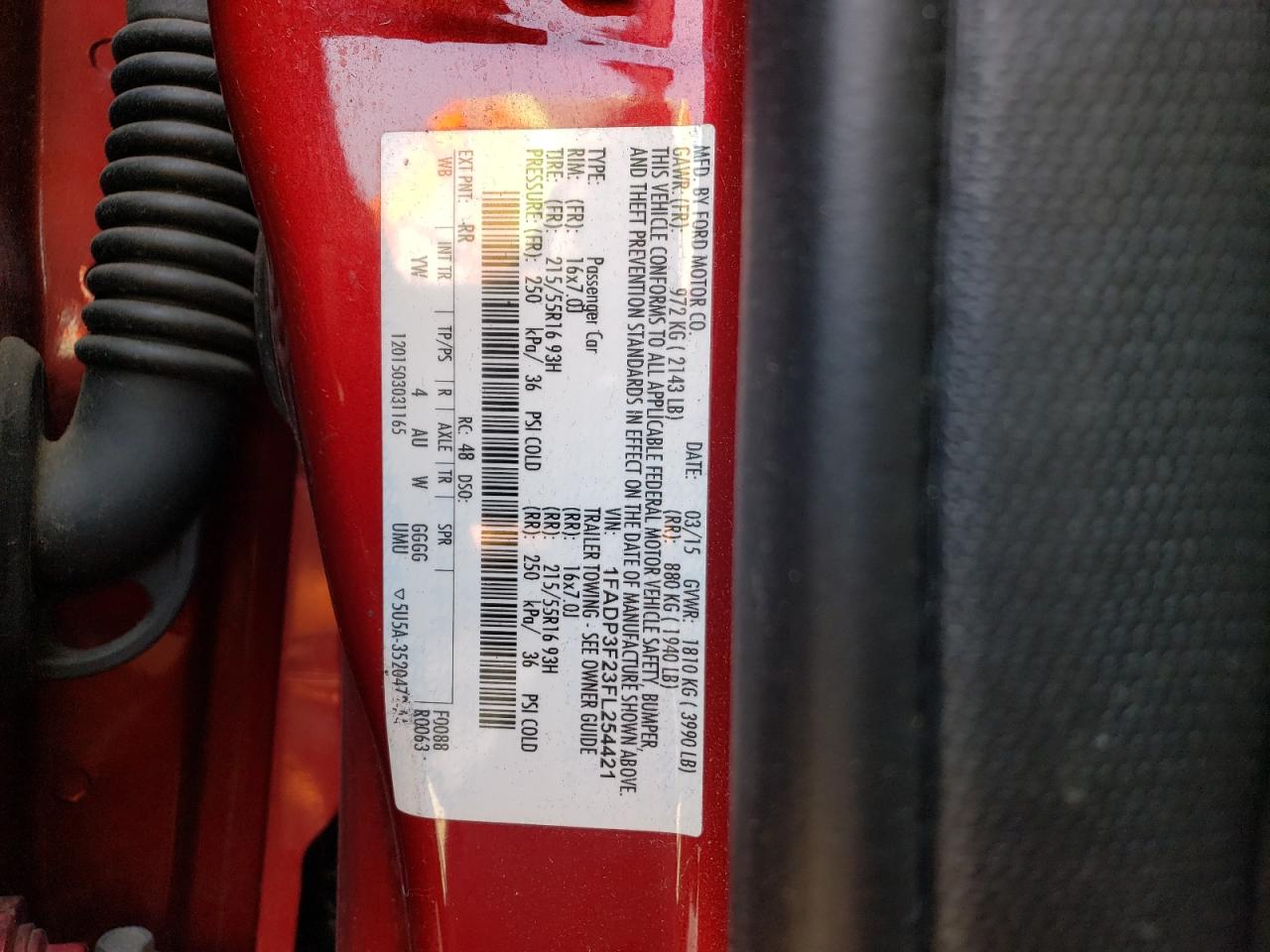 Photo 10 from auction – 2015 FORD FOCUS SE with VIN 1FADP3F23FL254421
