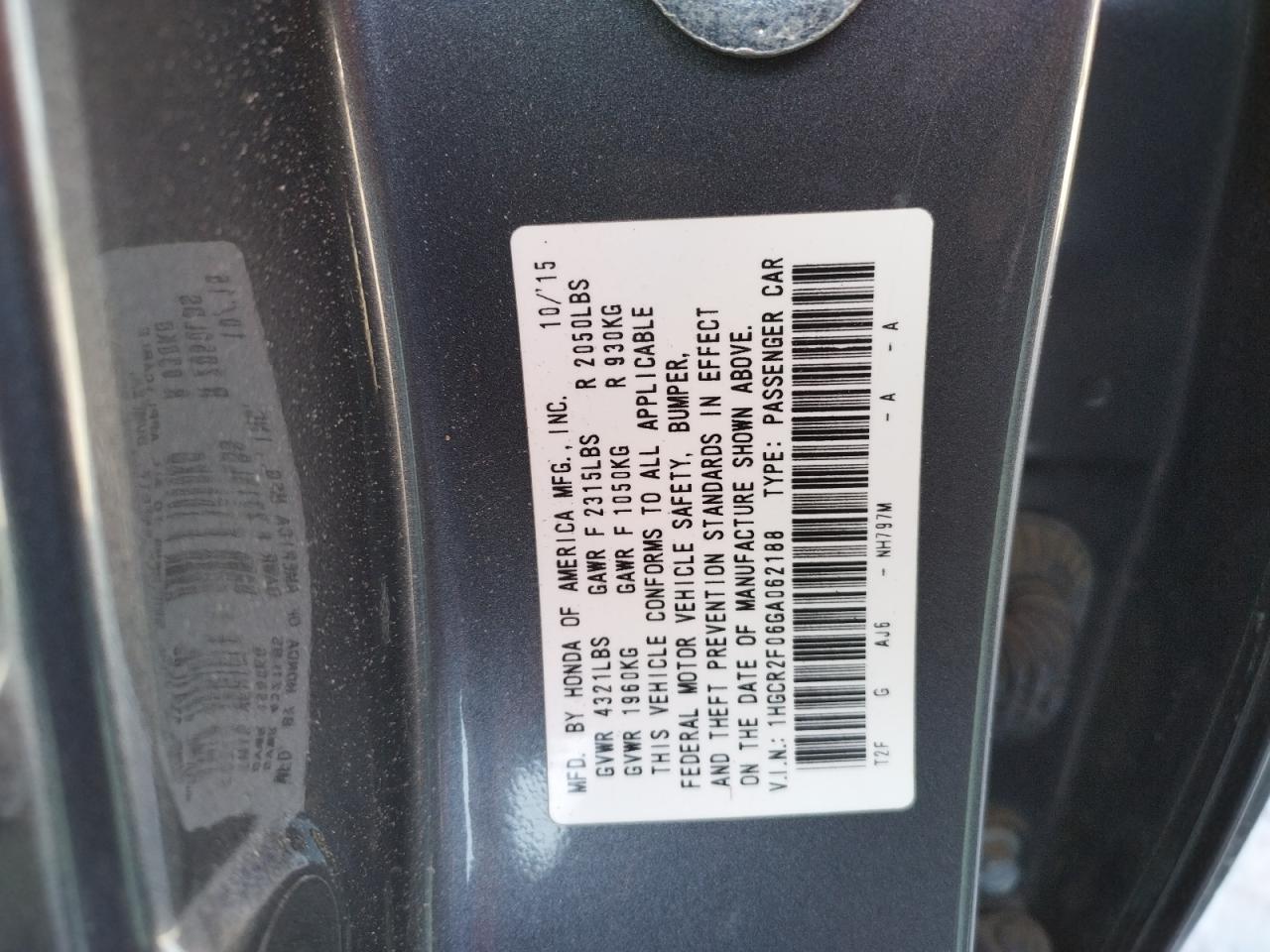 Photo 10 from auction – 2016 HONDA ACCORD EX with VIN 1HGCR2F06GA062188
