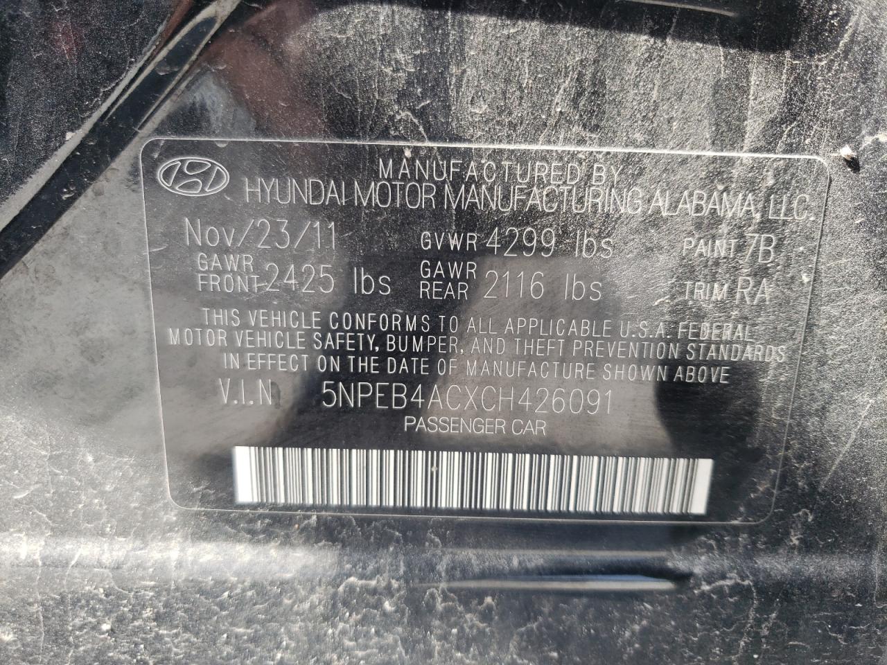 Photo 10 from auction – 2012 HYUNDAI SONATA GLS with VIN 5NPEB4ACXCH426091