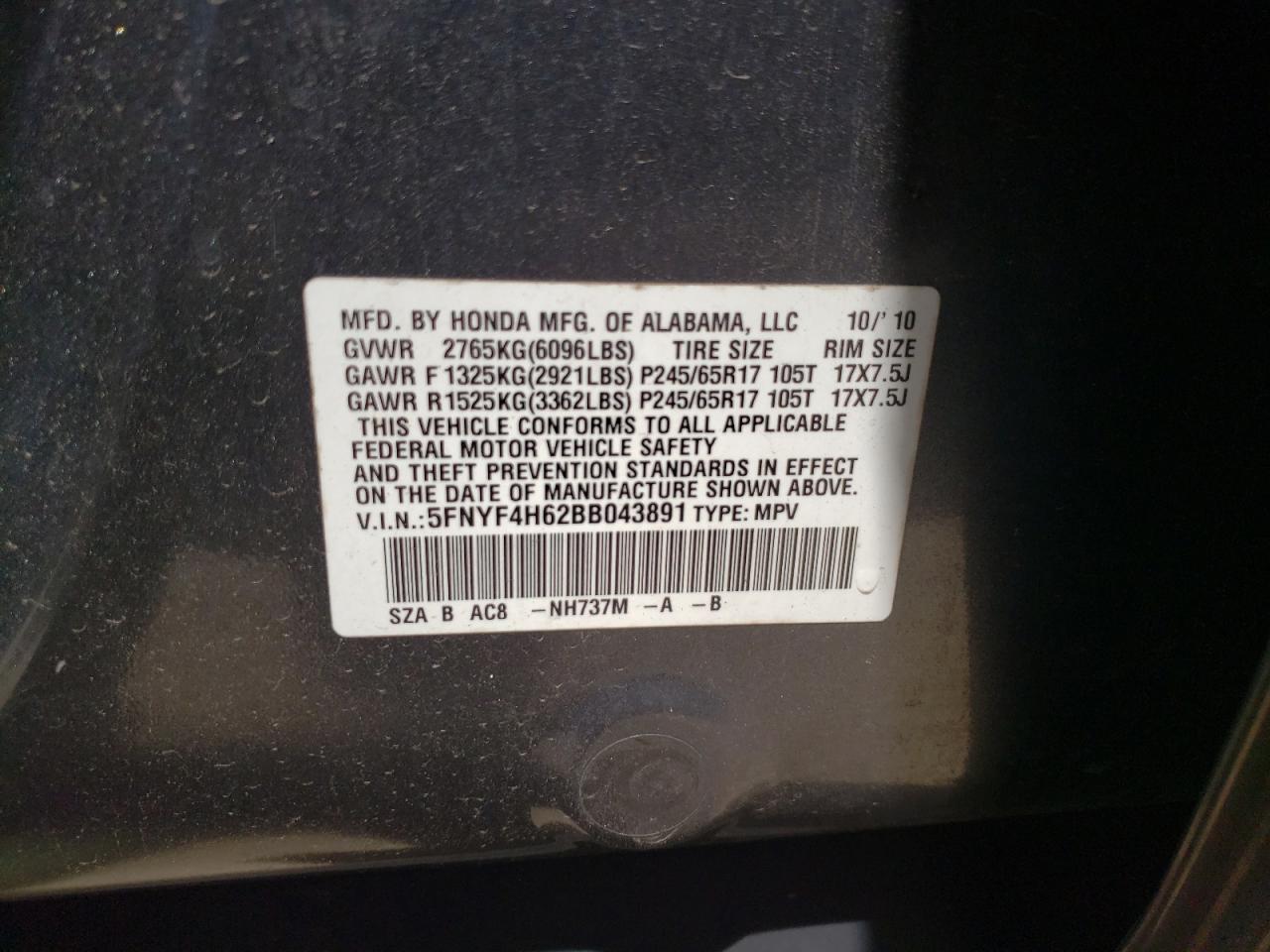 Photo 10 from auction – 2011 HONDA PILOT EXL with VIN 5FNYF4H62BB043891