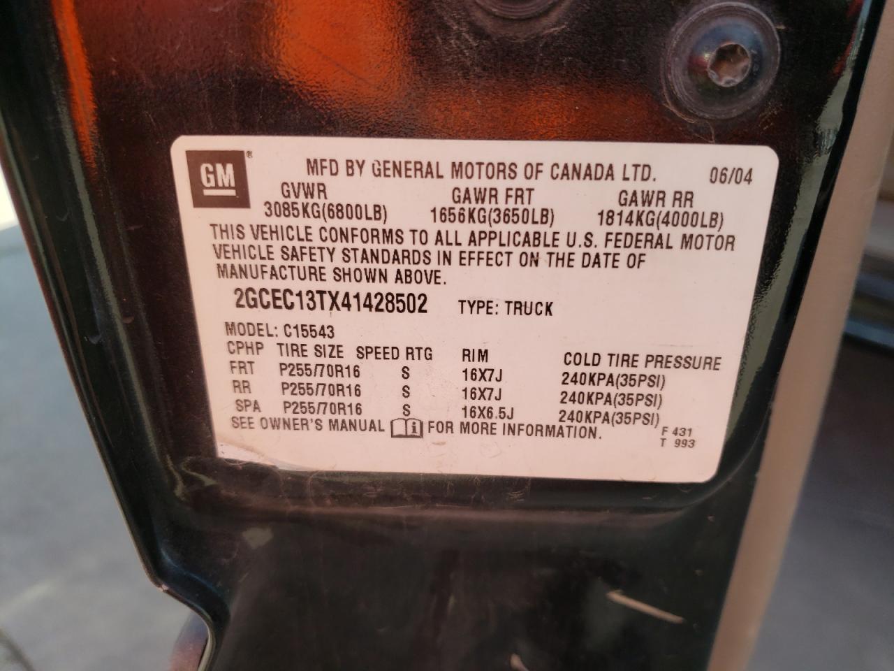 Photo 10 from auction – 2004 CHEVROLET SILVERADO with VIN 2GCEC13TX41428502