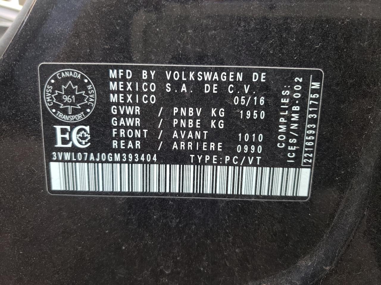 Photo 10 from auction – 2016 VOLKSWAGEN JETTA SEL with VIN 3VWL07AJ0GM393404