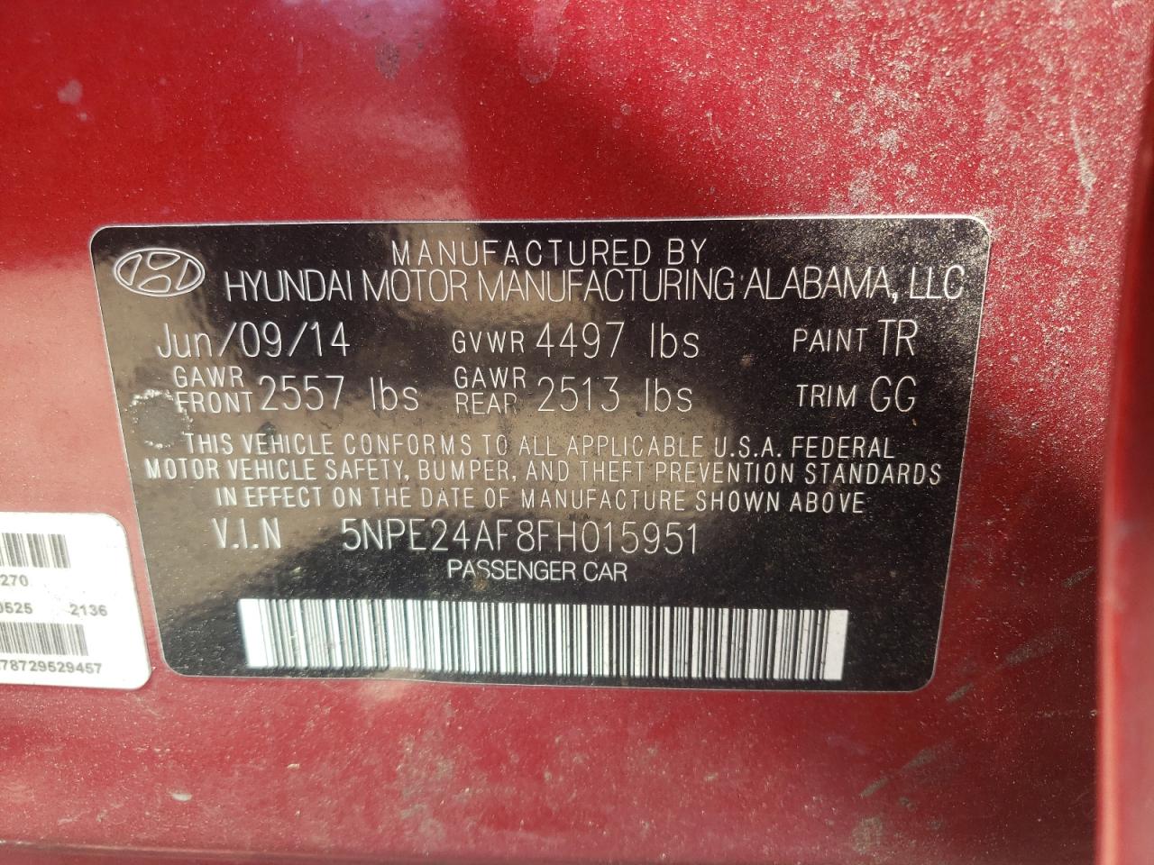 Photo 10 from auction – 2015 HYUNDAI SONATA SE with VIN 5NPE24AF8FH015951