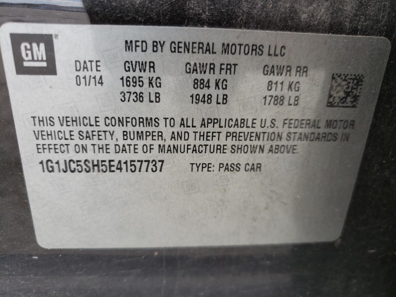 Photo 10 from auction – 2014 CHEVROLET SONIC LT with VIN 1G1JC5SH5E4157737