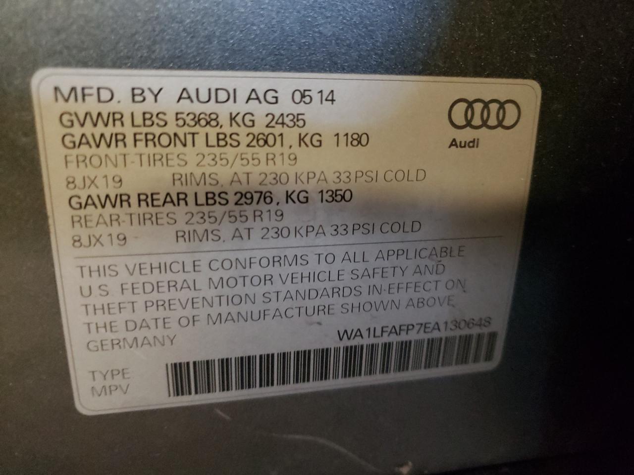 Photo 10 from auction – 2014 AUDI Q5 PREMIUM with VIN WA1LFAFP7EA130648