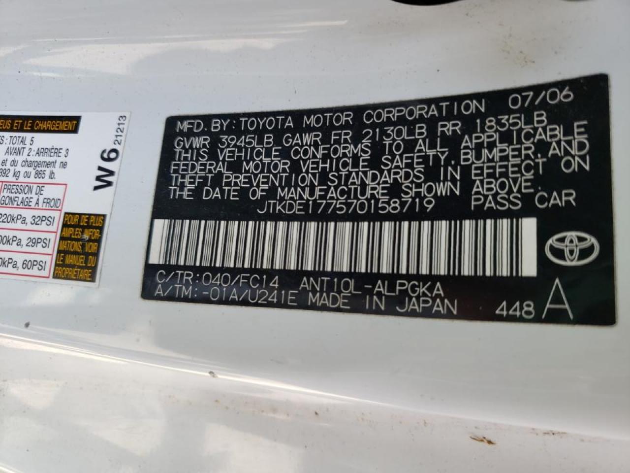 Photo 10 from auction – 2007 TOYOTA SCION with VIN JTKDE177570158719