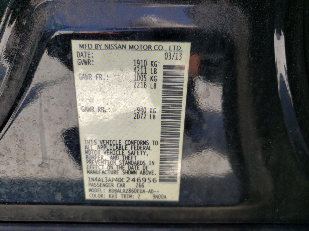 Photo 10 from auction – 2013 NISSAN ALTIMA 2.5 with VIN 1N4AL3AP4DC246956