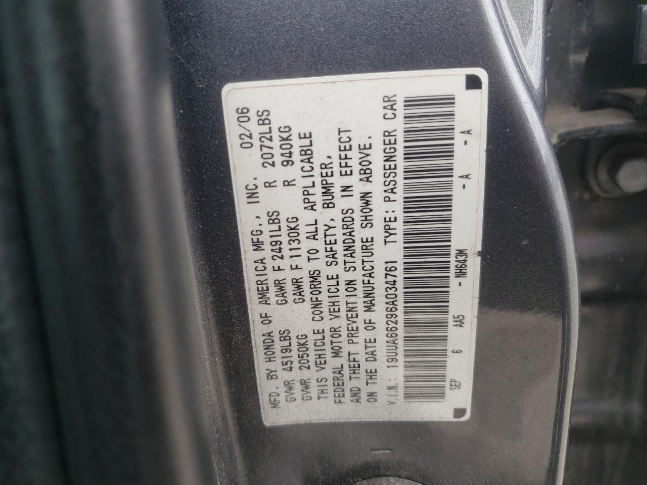 Photo 10 from auction – 2006 ACURA 3.2TL with VIN 19UUA66296A034761