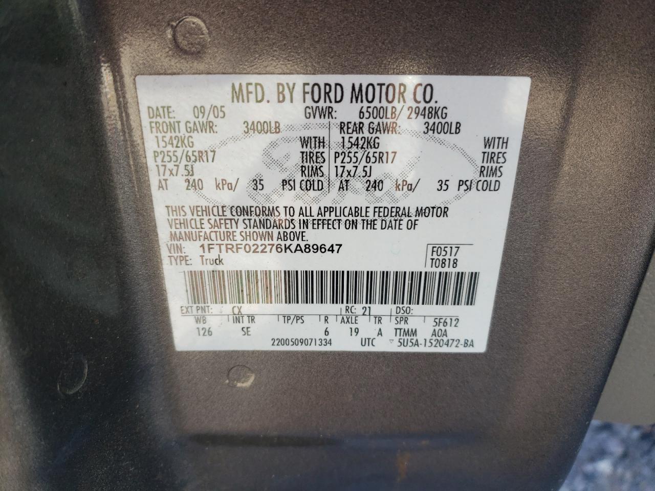 Photo 10 from auction – 2006 FORD F150 with VIN 1FTRF02276KA89647