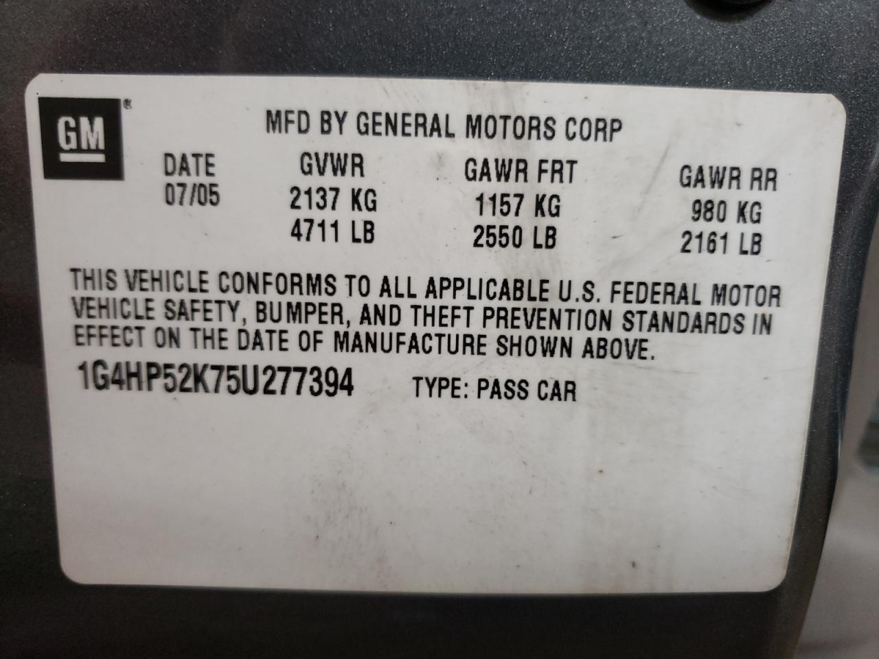Photo 10 from auction – 2005 BUICK LESABRE CU with VIN 1G4HP52K75U277394