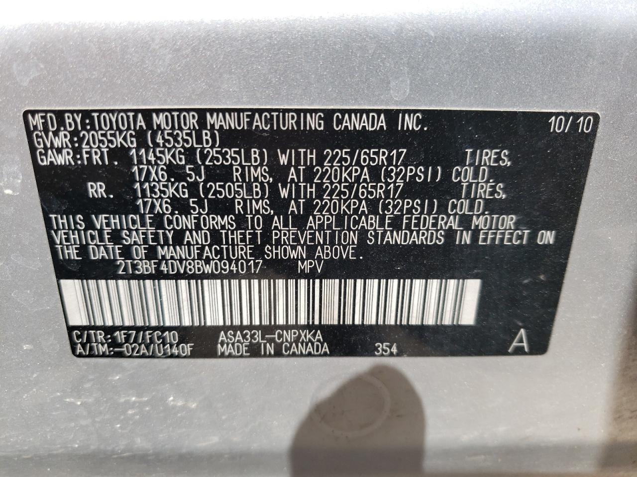 Photo 10 from auction – 2011 TOYOTA RAV4 with VIN 2T3BF4DV8BW094017