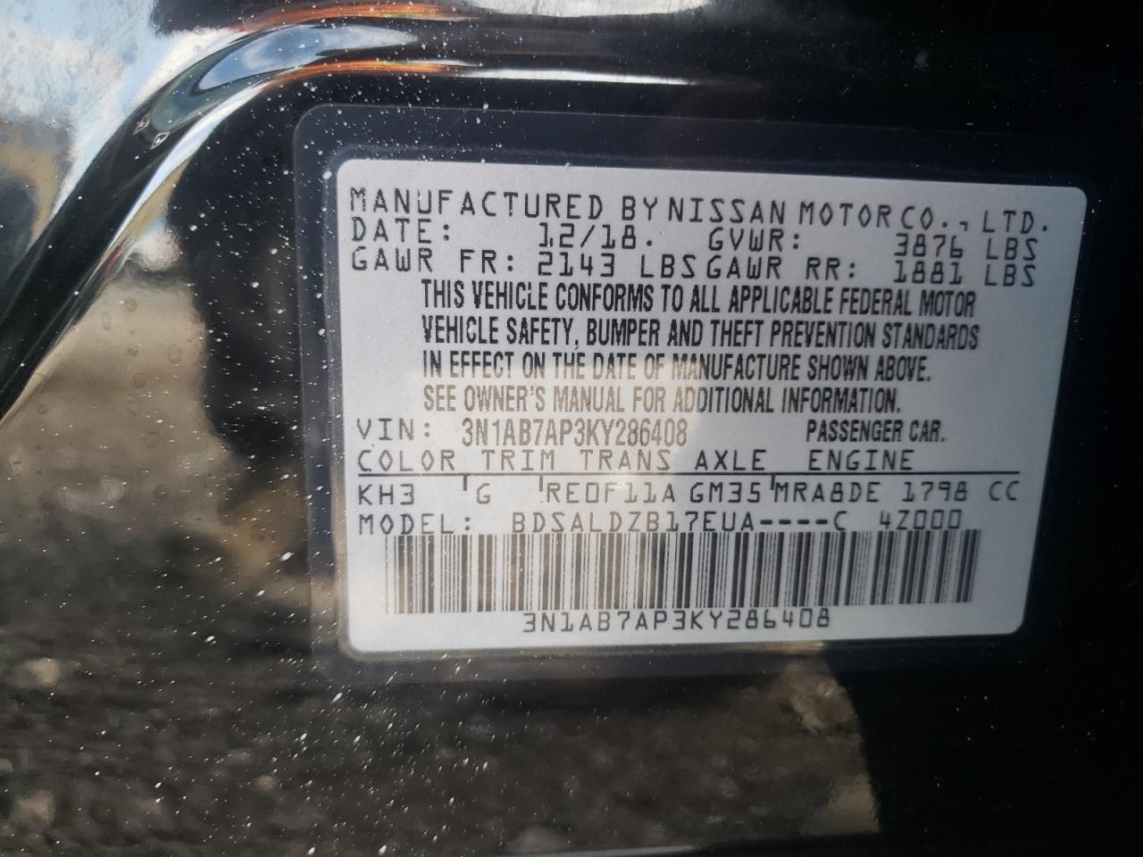 Photo 10 from auction – 2019 NISSAN SENTRA S with VIN 3N1AB7AP3KY286408