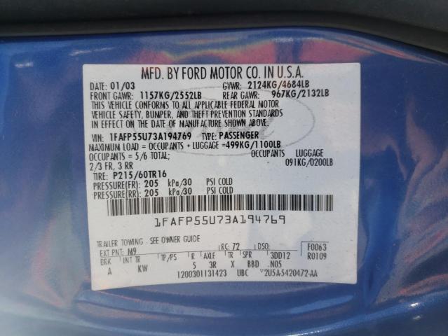 Photo 10 from auction – 2003 FORD TAURUS SES with VIN 1FAFP55U73A194769