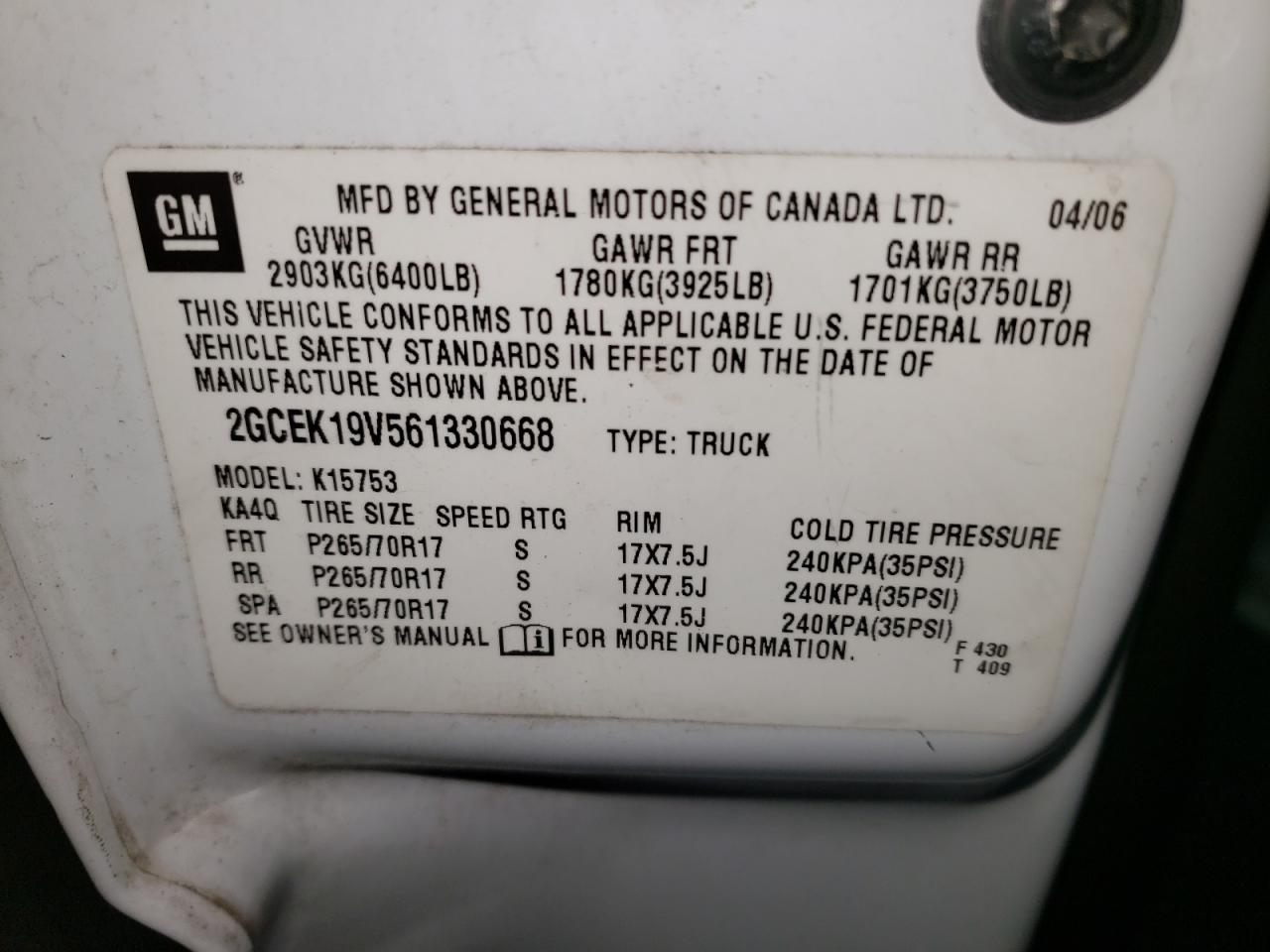 Photo 10 from auction – 2006 CHEVROLET SILVERADO with VIN 2GCEK19V561330668