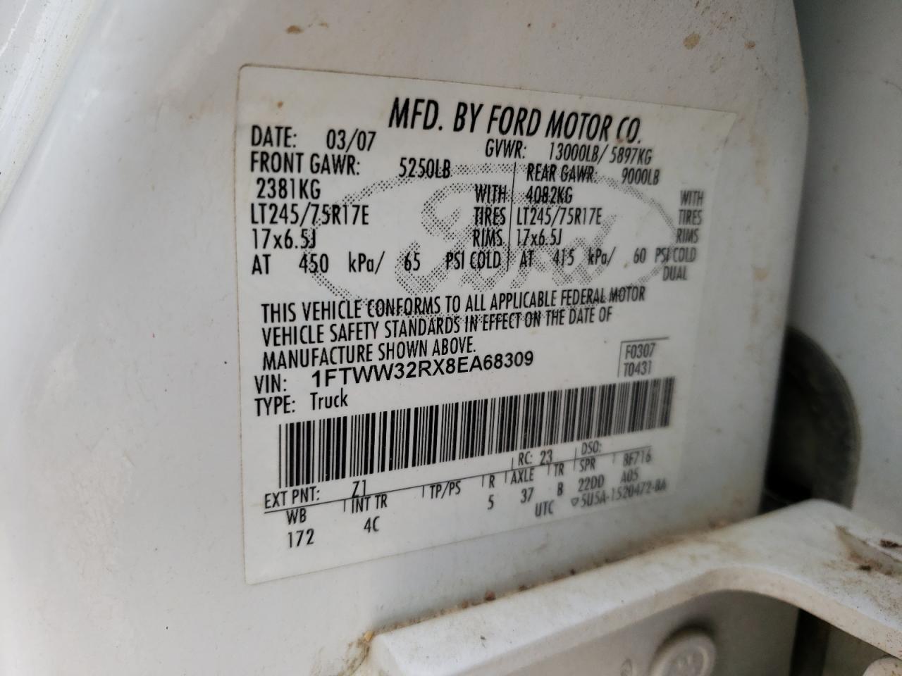 Photo 10 from auction – 2008 FORD F350 SUPER with VIN 1FTWW32RX8EA68309