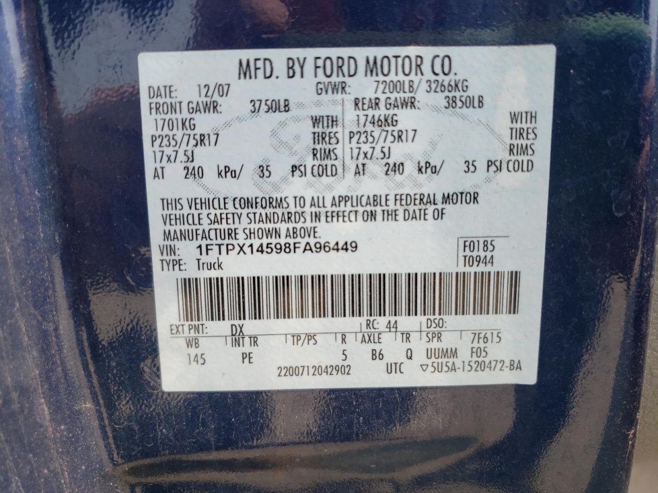 Zdjęcie 10 z aukcji – 2008 FORD F150 z VIN 1FTPX14598FA96449