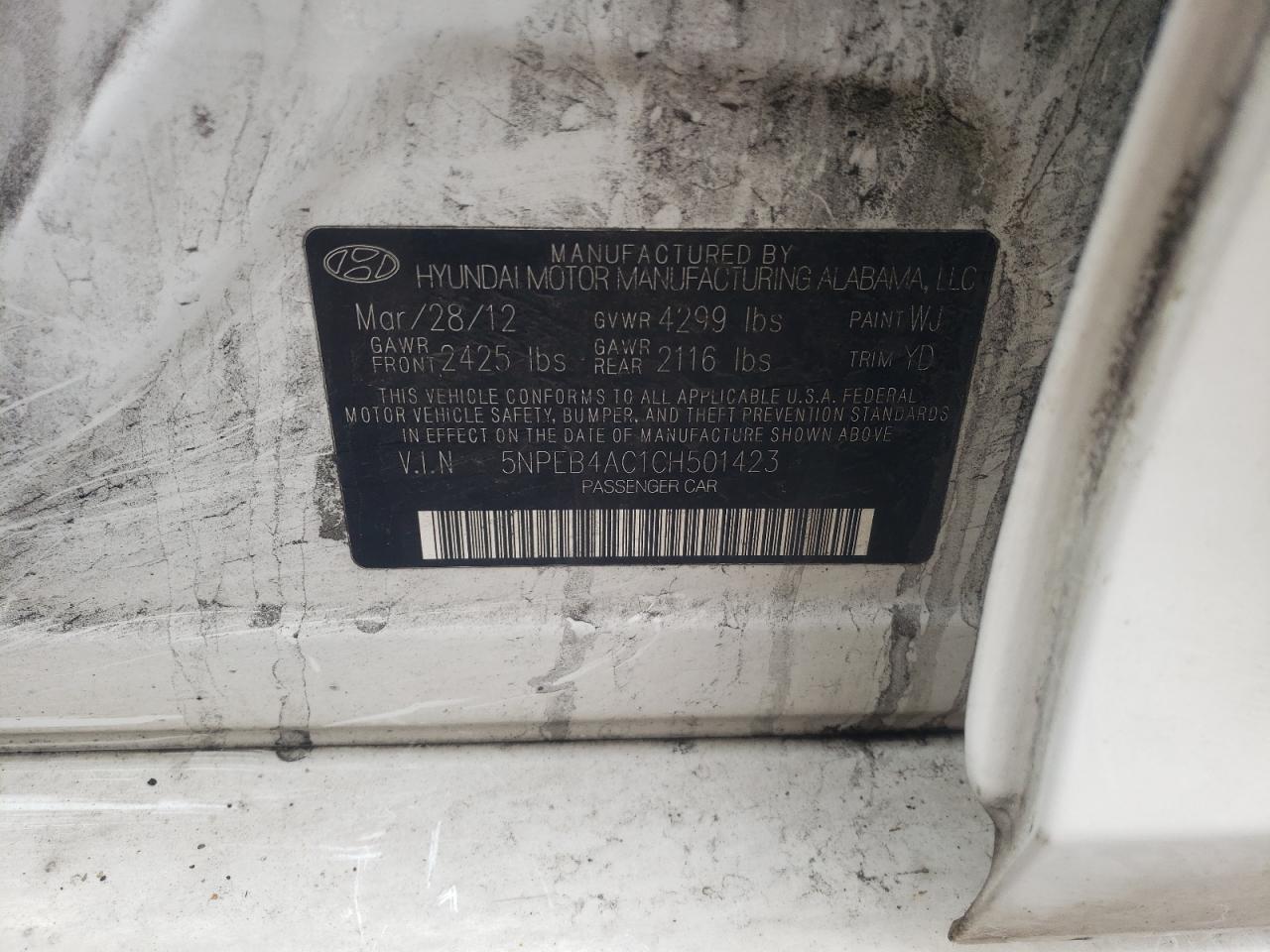 Photo 10 from auction – 2012 HYUNDAI SONATA GLS with VIN 5NPEB4AC1CH501423
