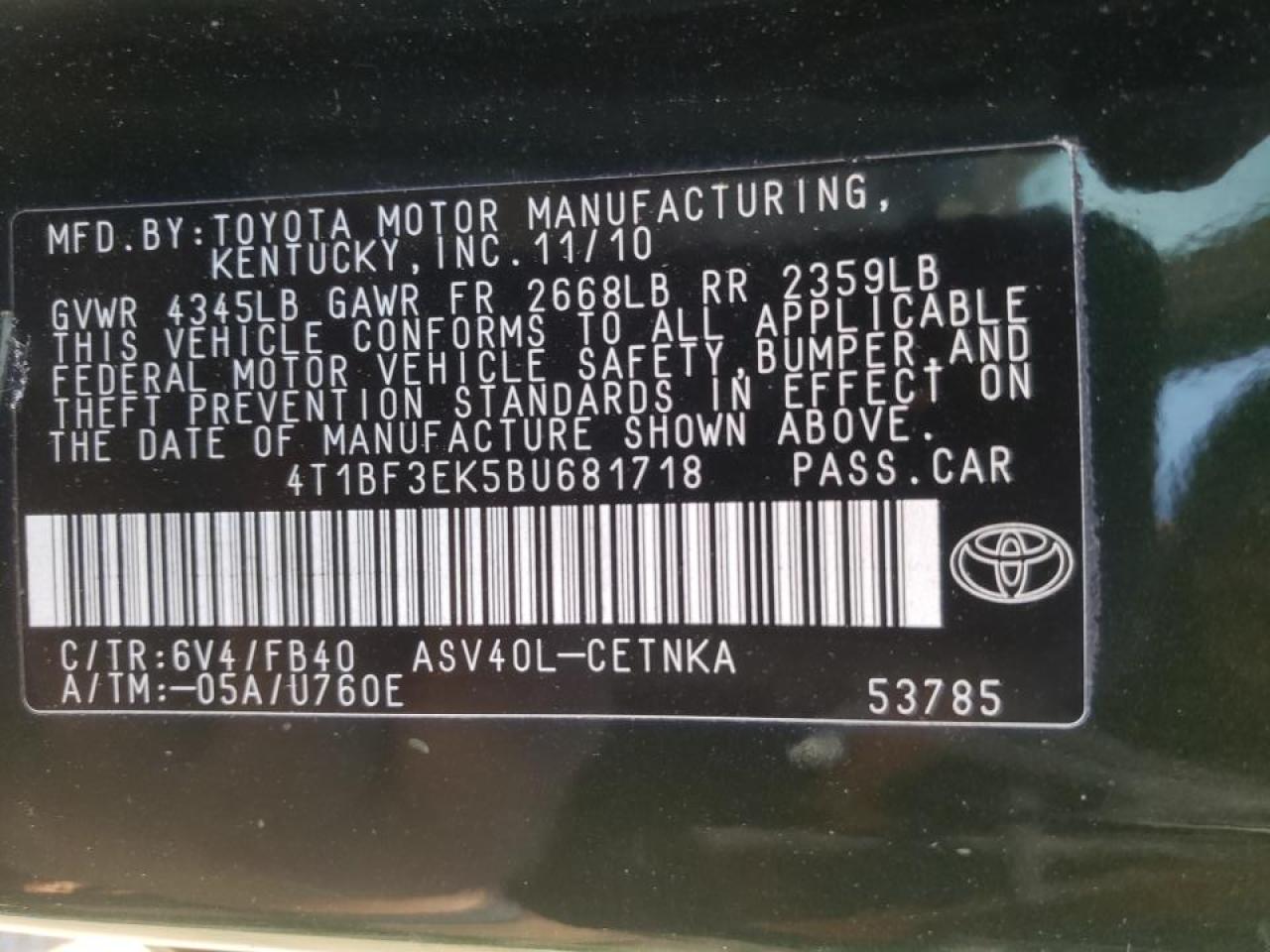 Photo 10 from auction – 2011 TOYOTA CAMRY BASE with VIN 4T1BF3EK5BU681718