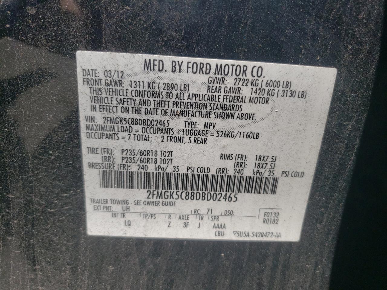 Photo 10 from auction – 2013 FORD FLEX SEL with VIN 2FMGK5C88DBD02465