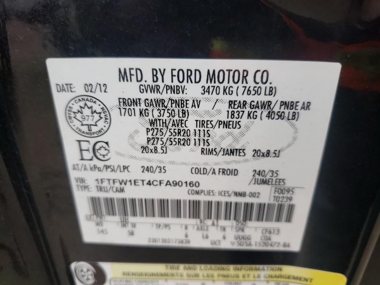Photo 11 from auction – 2012 FORD F150 SUPER with VIN 1FTFW1ET4CFA90160