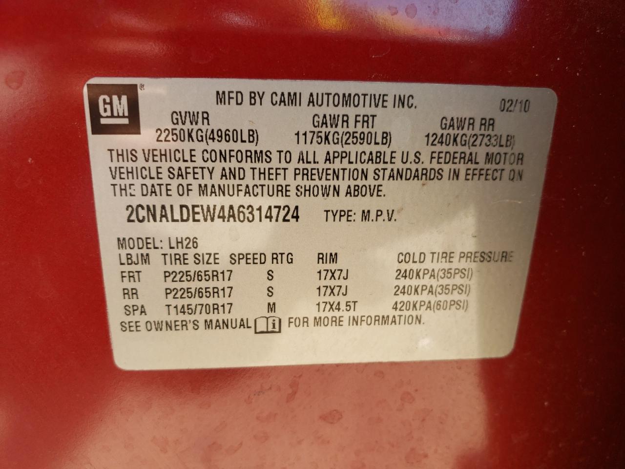 Photo 10 from auction – 2010 CHEVROLET EQUINOX LT with VIN 2CNALDEW4A6314724