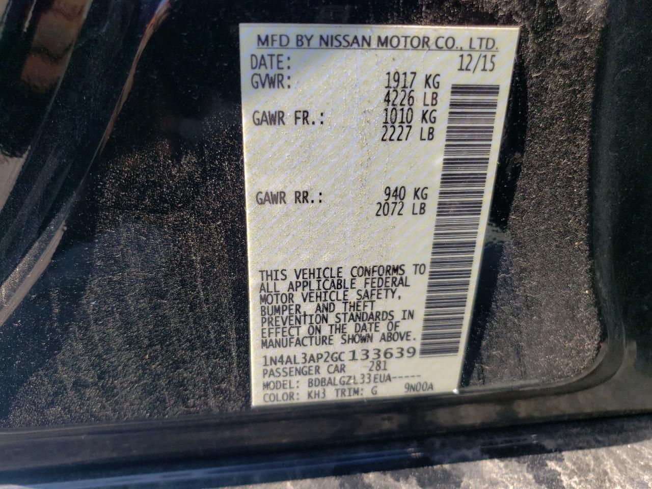 Photo 10 from auction – 2016 NISSAN ALTIMA 2.5 with VIN 1N4AL3AP2GC133639