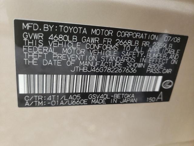 Photo 10 from auction – 2008 LEXUS ES 350 with VIN JTHBJ46G782267636