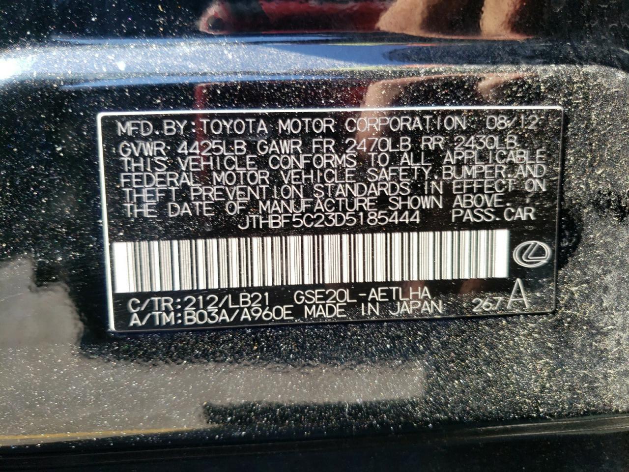 Photo 10 from auction – 2013 LEXUS IS 250 with VIN JTHBF5C23D5185444