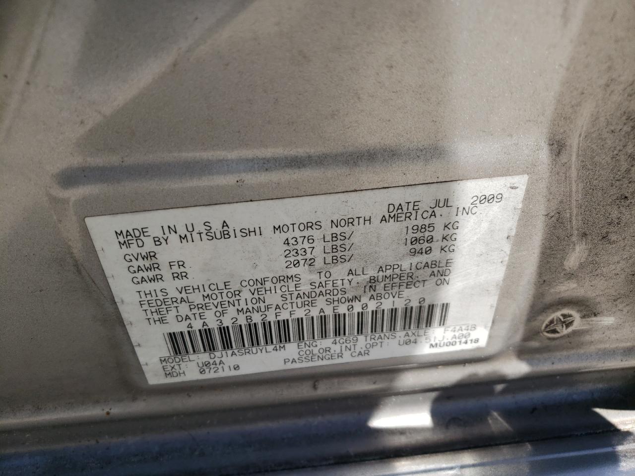 Photo 10 from auction – 2010 MITSUBISHI GALANT FE with VIN 4A32B2FF2AE002120