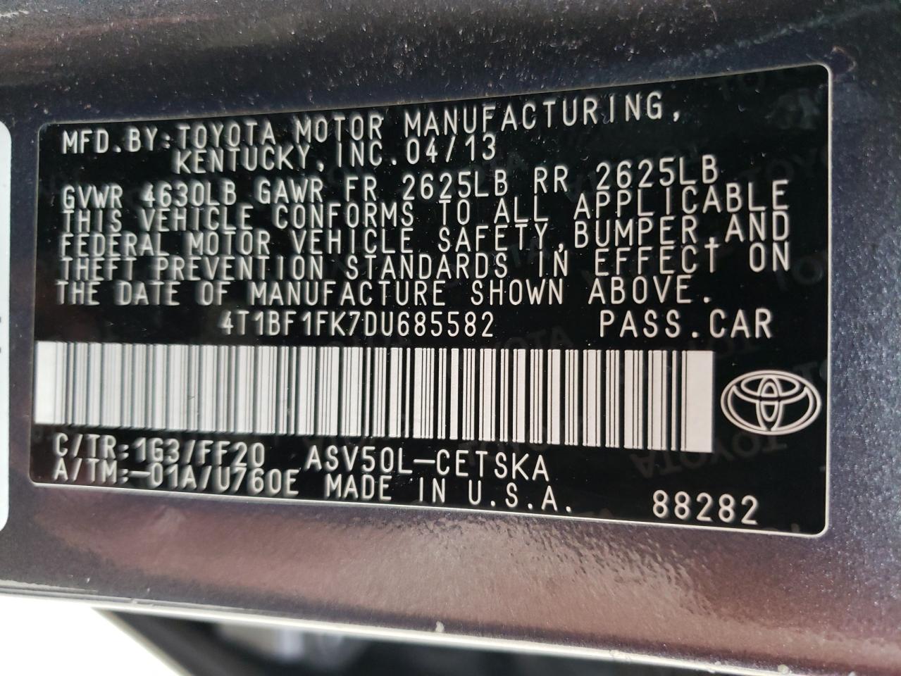 Photo 10 from auction – 2013 TOYOTA CAMRY L with VIN 4T1BF1FK7DU685582