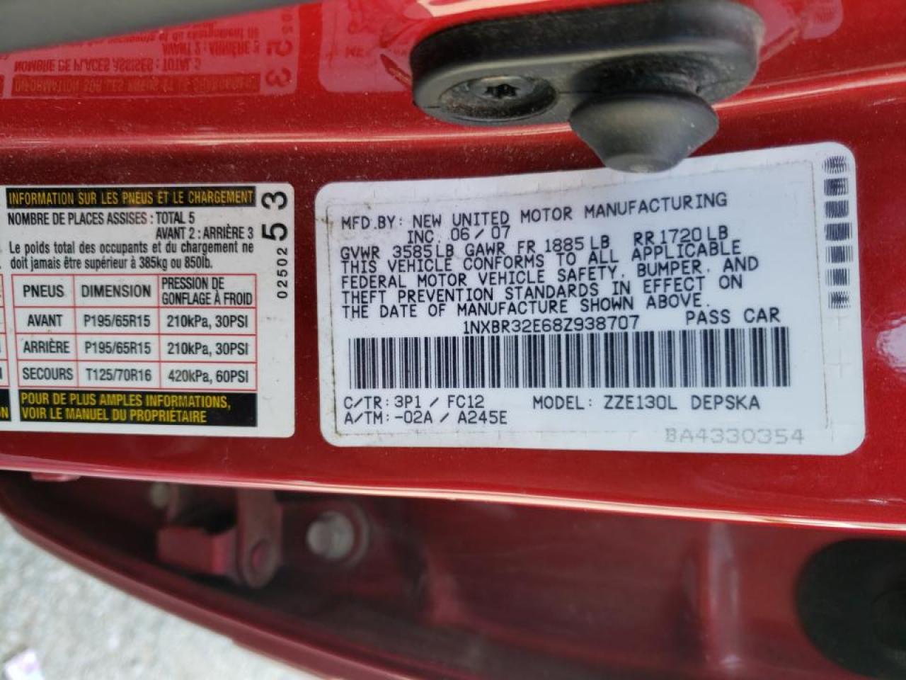 Photo 10 from auction – 2008 TOYOTA COROLLA CE with VIN 1NXBR32E68Z938707