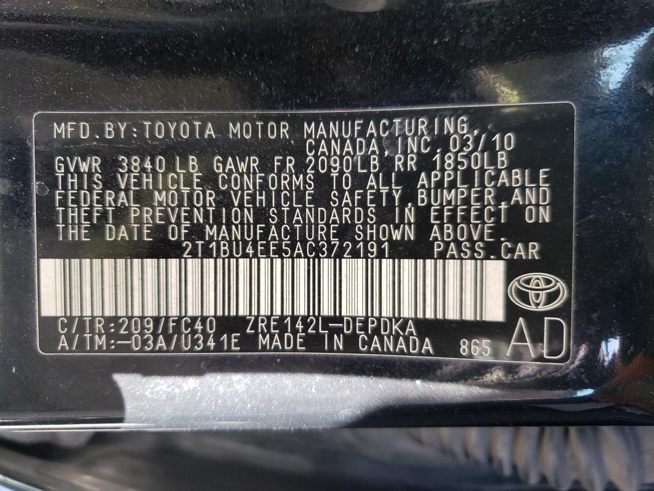 Photo 10 from auction – 2010 TOYOTA COROLLA BA with VIN 2T1BU4EE5AC372191