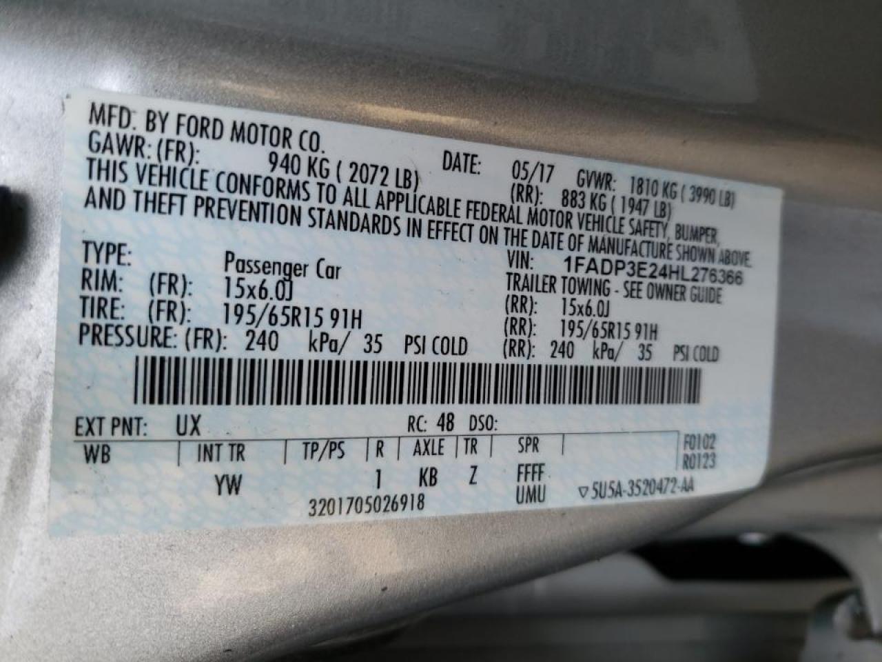 Photo 10 from auction – 2017 FORD FOCUS S with VIN 1FADP3E24HL276366