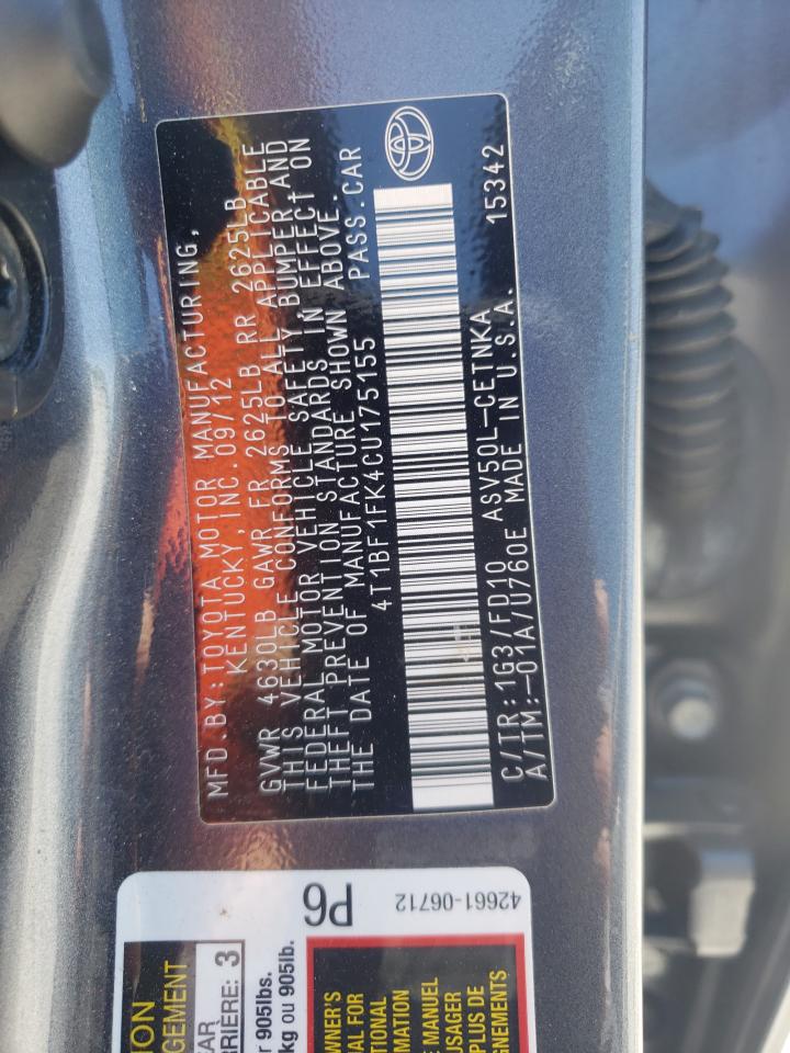 Photo 10 from auction – 2012 TOYOTA CAMRY BASE with VIN 4T1BF1FK4CU175155