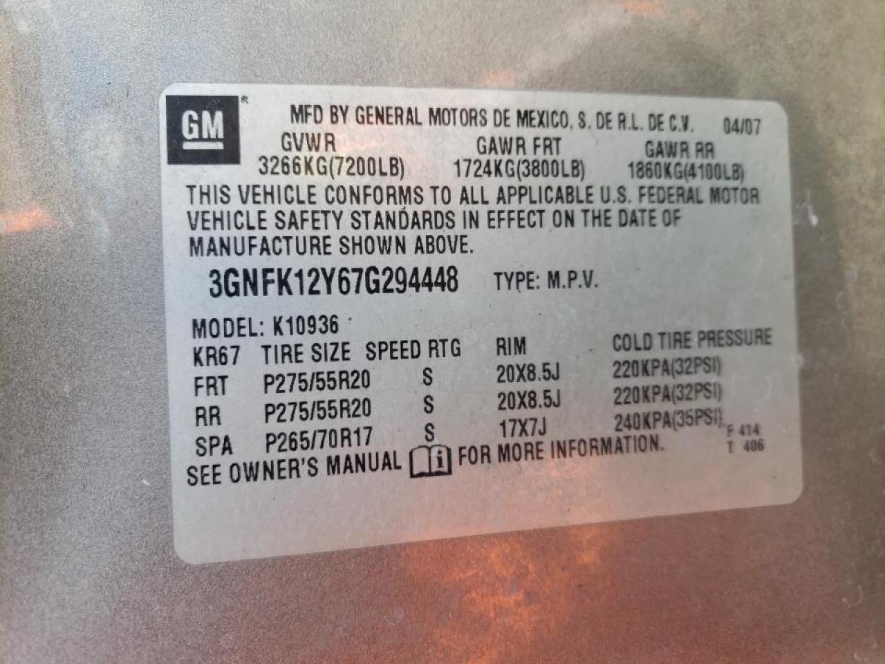 Photo 10 from auction – 2007 CHEVROLET AVALANCHE with VIN 3GNFK12Y67G294448