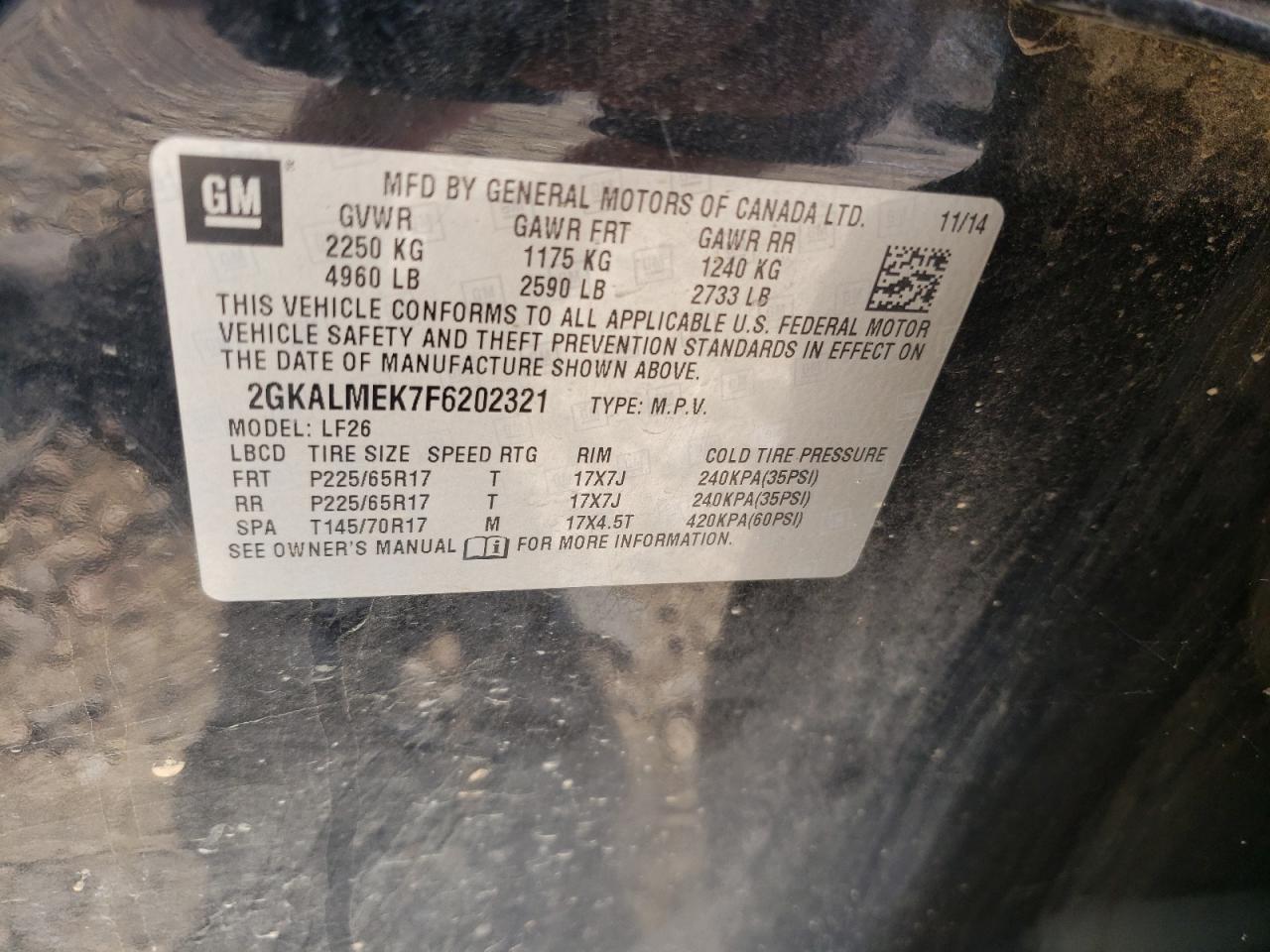 Photo 10 from auction – 2015 GMC TERRAIN SL with VIN 2GKALMEK7F6202321