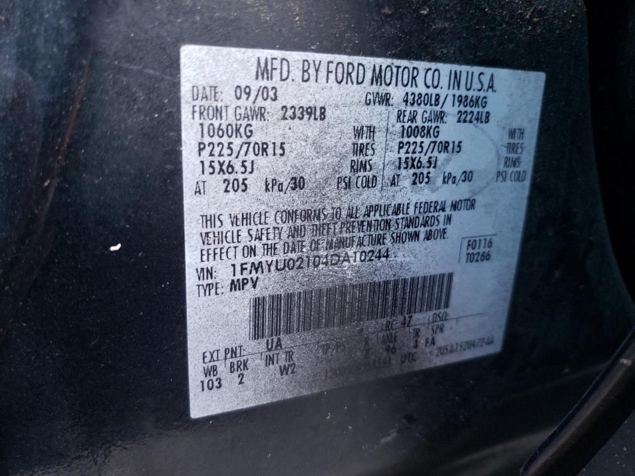Photo 10 from auction – 2004 FORD ESCAPE XLS with VIN 1FMYU02104DA10244