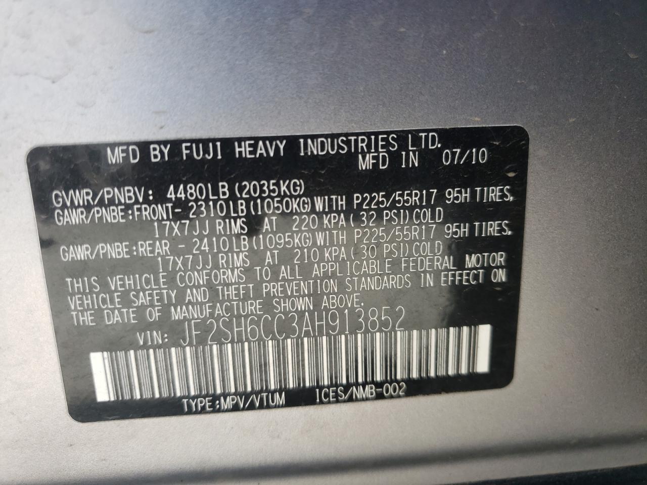 Photo 10 from auction – 2010 SUBARU FORESTER 2 with VIN JF2SH6CC3AH913852