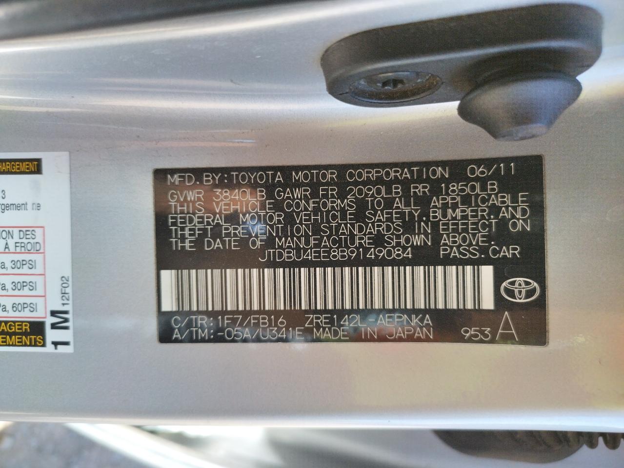 Photo 10 from auction – 2011 TOYOTA COROLLA BA with VIN JTDBU4EE8B9149084