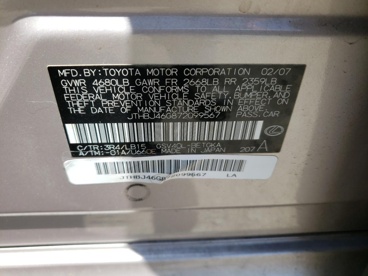 Photo 10 from auction – 2007 LEXUS ES 350 with VIN JTHBJ46G872099567