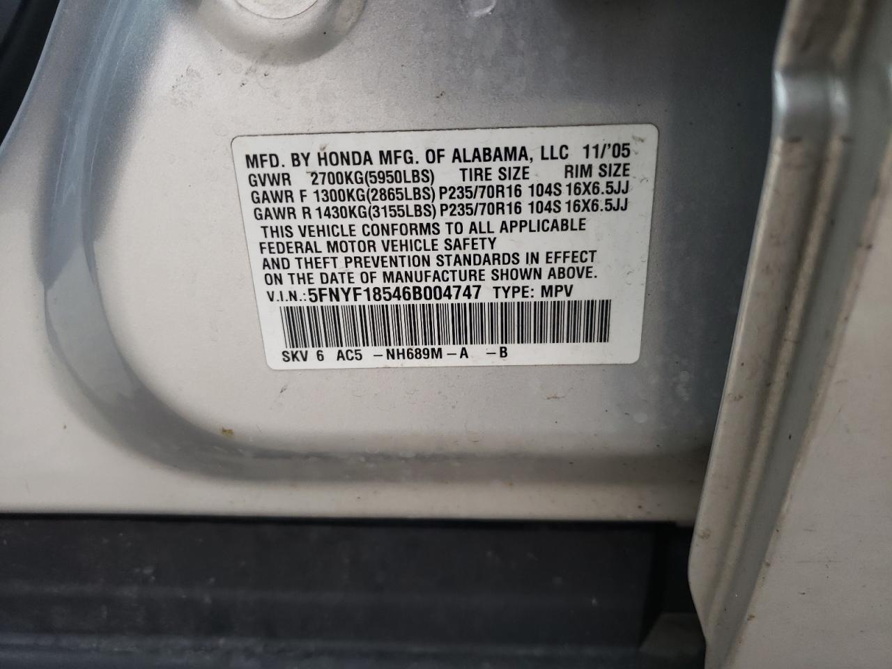 Photo 10 from auction – 2006 HONDA PILOT EX with VIN 5FNYF18546B004747