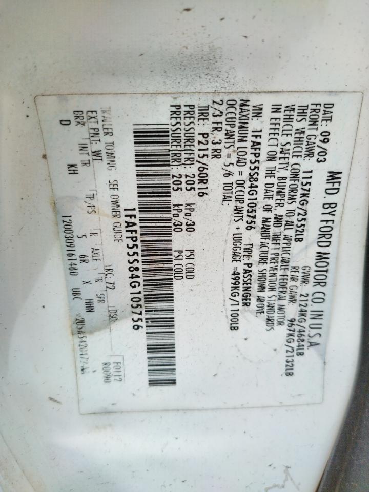 Photo 10 from auction – 2004 FORD TAURUS SES with VIN 1FAFP55S84G105756