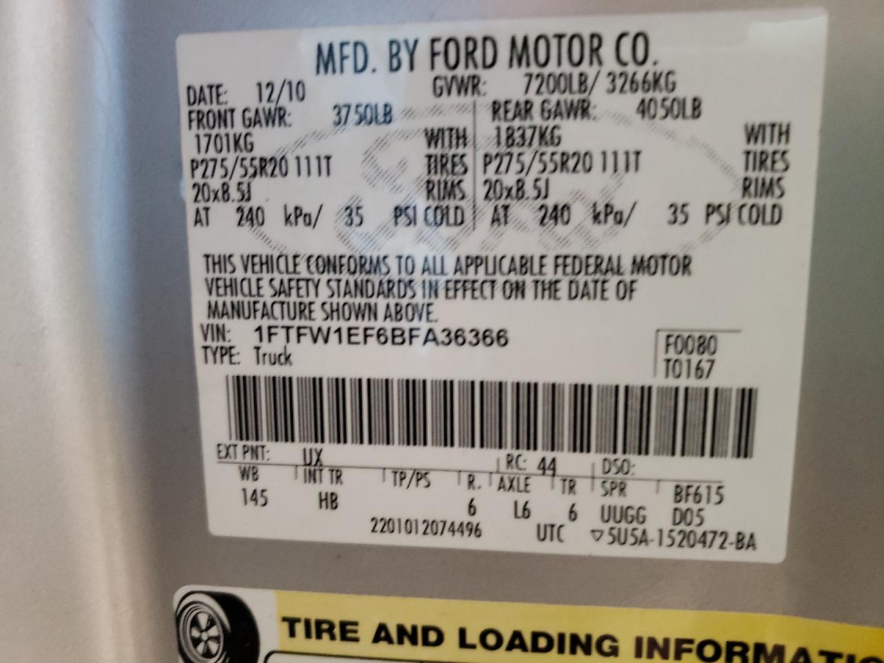 Photo 10 from auction – 2011 FORD F150 SUPER with VIN 1FTFW1EF6BFA36366